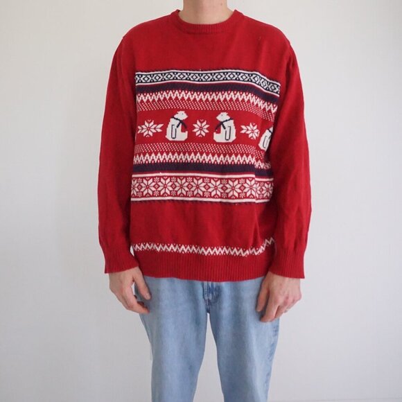 Dockers Red White Polar Bear Winter Cotton Chunky Knit Crewneck Sweater Large - Picture 1 of 10